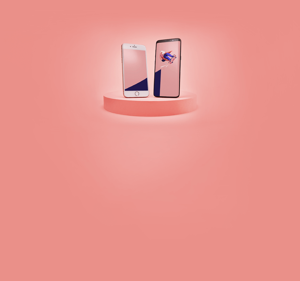 Two phones on a platform on a pink background